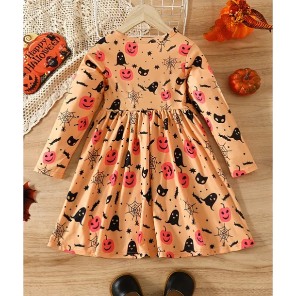 Halloween Girls' 3D Graphic Halloween pumpkin Dress Long Sleeve Spring Fall Daily Holiday Vacation Princess Beautiful Sweet Kids 4-12 Years Casual Dress A Line Dress Knee-length Polyester Regular Fit