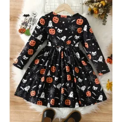Halloween Girls' 3D Graphic Halloween pumpkin Dress Long Sleeve Spring Fall Daily Holiday Vacation Princess Beautiful Sweet Kids 4-12 Years Casual Dress A Line Dress Knee-length Polyester Regular Fit