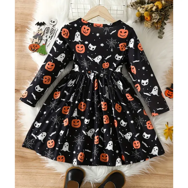 Halloween Girls' 3D Graphic Halloween pumpkin Dress Long Sleeve Spring Fall Daily Holiday Vacation Princess Beautiful Sweet Kids 4-12 Years Casual Dress A Line Dress Knee-length Polyester Regular Fit