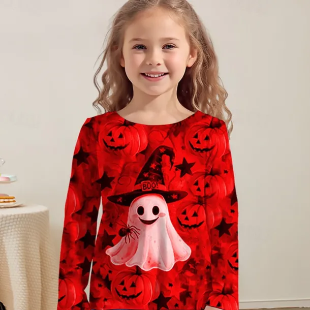 Halloween Girls' 3D Graphic Pumpkin Ghost T shirt Tee Long Sleeve Spring Fall Fashion Basic Polyester Kids 4-12 Years Crew Neck Outdoor Casual Daily Regular Fit