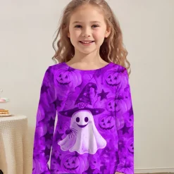 Halloween Girls' 3D Graphic Pumpkin Ghost T shirt Tee Long Sleeve Spring Fall Fashion Basic Polyester Kids 4-12 Years Crew Neck Outdoor Casual Daily Regular Fit