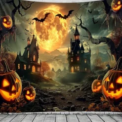 Halloween Gothic Castle Wall Tapestry – Spooky Night Scene with Pumpkins and Bats, Horror Haunted Castle Backdrop for 2025 HALLOWEEN Living Room, Bedroom, Party Decoration