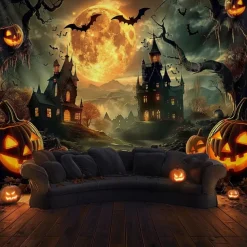 Halloween Gothic Castle Wall Tapestry – Spooky Night Scene with Pumpkins and Bats, Horror Haunted Castle Backdrop for 2025 HALLOWEEN Living Room, Bedroom, Party Decoration