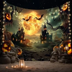 Halloween Gothic Castle Wall Tapestry – Spooky Night Scene with Pumpkins and Bats, Horror Haunted Castle Backdrop for 2025 HALLOWEEN Living Room, Bedroom, Party Decoration