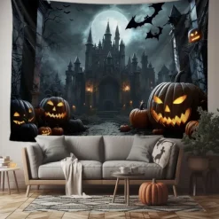 Halloween Gothic Castle Wall Tapestry – Spooky Night Scene with Pumpkins and Bats, Horror Haunted Castle Backdrop for 2025 HALLOWEEN Living Room, Bedroom, Party Decoration