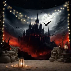 Halloween Gothic Castle Wall Tapestry – Spooky Night Scene with Pumpkins and Bats, Horror Haunted Castle Backdrop for 2025 HALLOWEEN Living Room, Bedroom, Party Decoration