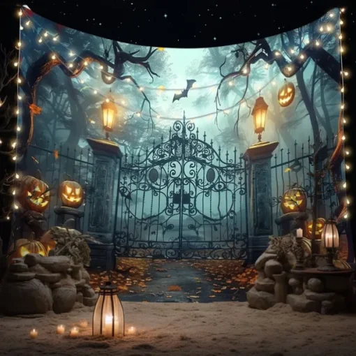 Halloween Gothic Haunted House Wall Tapestry – Creepy Silhouettes in Front of Spooky Mansion, Foggy Night Scene, Horror Backdrop for 2025 HALLOWEEN Living Room, Bedroom, Party Decoration