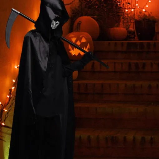 Halloween Grim Reaper Costume Skeleton Skull Outfits 4 PCS Cape with Hood Cloak Plastic Scythe Skull Mask Easy Halloween Costumes Carnival for Men Adults