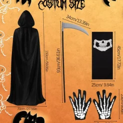 Halloween Grim Reaper Costume Skeleton Skull Outfits 4 PCS Cape with Hood Cloak Plastic Scythe Skull Mask Easy Halloween Costumes Carnival for Men Adults
