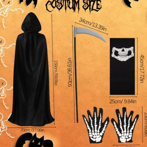 Halloween Grim Reaper Costume Skeleton Skull Outfits 4 PCS Cape with Hood Cloak Plastic Scythe Skull Mask Easy Halloween Costumes Carnival for Men Adults