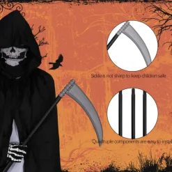 Halloween Grim Reaper Costume Skeleton Skull Outfits 4 PCS Cape with Hood Cloak Plastic Scythe Skull Mask Easy Halloween Costumes Carnival for Men Adults
