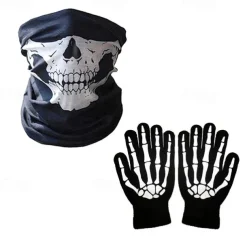 Halloween Grim Reaper Costume Skeleton Skull Outfits 4 PCS Cape with Hood Cloak Plastic Scythe Skull Mask Easy Halloween Costumes Carnival for Men Adults