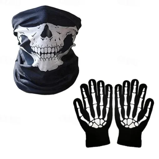 Halloween Grim Reaper Costume Skeleton Skull Outfits 4 PCS Cape with Hood Cloak Plastic Scythe Skull Mask Easy Halloween Costumes Carnival for Men Adults