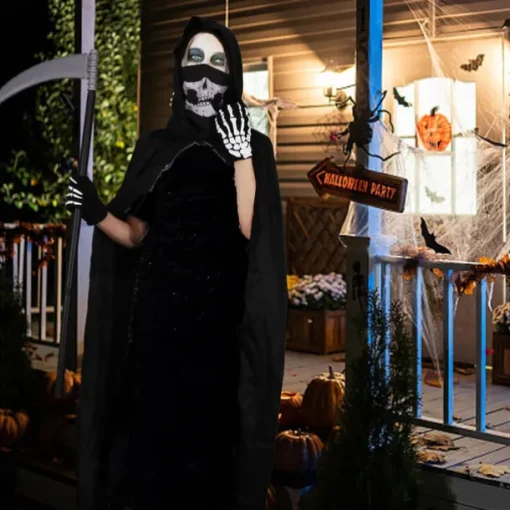 Halloween Grim Reaper Costume Skeleton Skull Outfits 4 PCS Cape with Hood Cloak Plastic Scythe Skull Mask Easy Halloween Costumes Carnival for Men Adults