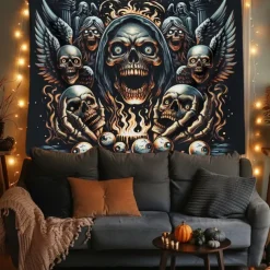 Halloween Hanging Tapestry Photograph Backdrop Jack O Lantern Wall Art Large Tapestry Mural Decor Blanket Curtain Home Bedroom Living Room Decoration Death Selfie