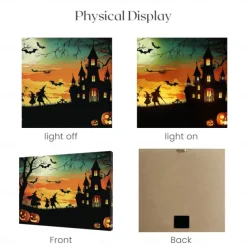 Halloween Haunted House Silhouette LED Canvas Wall Art - Battery Operated Lighted Wall Decor for 2025 Halloween home decoration light livingroom and bedroom