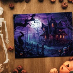 Halloween Haunted Mansion with Moonlight LED Canvas Wall Art - Battery Operated Lighted Wall Decor for 2025 Halloween home decoration light livingroom and bedroom