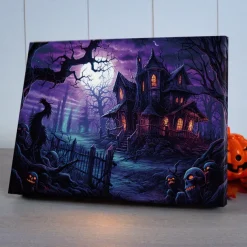 Halloween Haunted Mansion with Moonlight LED Canvas Wall Art - Battery Operated Lighted Wall Decor for 2025 Halloween home decoration light livingroom and bedroom