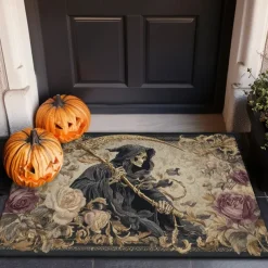 Halloween Indoor Outdoor Doormat Kitchen Mat Fire Skulls Pattern, Non-Slip Front Door Mat for Porch, Entryway, Patio, Bedroom, Bathroom and 2025 Halloween Home Decoration