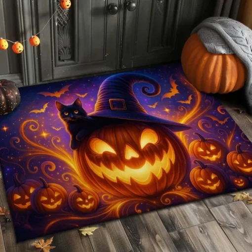 Halloween Indoor Outdoor Doormat Kitchen Mat Glowing Pumpkin Face Design, Non-Slip Front Door Mat for Porch, Entryway, Patio, Bedroom, Bathroom and 2025 Halloween Home Decoration