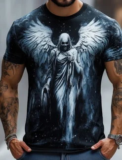Halloween Men's Angel & Devil T Shirt Short Sleeve T shirt 3D Print Crew Neck Shirt Fashion Exaggerated Designer Party Street Casual Black Red Blue Summer Spring All Seasons Clothing Apparel S M L XL