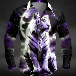 Halloween Men's Animal Tiger Lightning Shirt Button Up Shirt Long Sleeve Dark Outdoor Holiday Summer Spring Turndown 3D Print Collared Shirts Blue Purple Green
