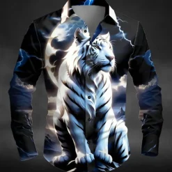 Halloween Men's Animal Tiger Lightning Shirt Button Up Shirt Long Sleeve Dark Outdoor Holiday Summer Spring Turndown 3D Print Collared Shirts Blue Purple Green