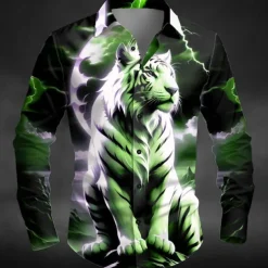 Halloween Men's Animal Tiger Lightning Shirt Button Up Shirt Long Sleeve Dark Outdoor Holiday Summer Spring Turndown 3D Print Collared Shirts Blue Purple Green