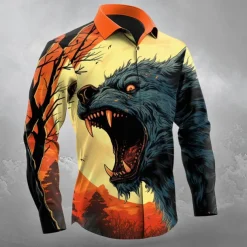 Halloween Men's Animal Wolf Halloween Costumes Shirt Button Up Shirt Long Sleeve Dark Gothic Style Outdoor Holiday Spring Fall Turndown 3D Print Collared Shirts Orange yellow Blue Orange Dark Blue