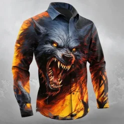 Halloween Men's Animal Wolf Halloween Costumes Shirt Button Up Shirt Long Sleeve Dark Gothic Style Outdoor Holiday Spring Fall Turndown 3D Print Collared Shirts Orange yellow Blue Orange Dark Blue