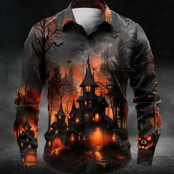 Halloween Men's Castle Halloween Costumes Shirt Button Up Shirt Long Sleeve Casual Dark Party Evening Wear Fall Winter Spring & Summer Turndown Shirt Collar Button Up 3D Print Orange