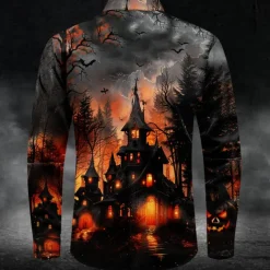 Halloween Men's Castle Halloween Costumes Shirt Button Up Shirt Long Sleeve Casual Dark Party Evening Wear Fall Winter Spring & Summer Turndown Shirt Collar Button Up 3D Print Orange
