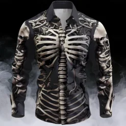 Halloween Men's Cool Skulls Halloween Costumes Button Up Shirt Long Sleeve Horror Dark Party Evening Wear Fall Winter Spring & Summer Shirt Collar Button Up 3D Print Black