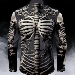 Halloween Men's Cool Skulls Halloween Costumes Button Up Shirt Long Sleeve Horror Dark Party Evening Wear Fall Winter Spring & Summer Shirt Collar Button Up 3D Print Black