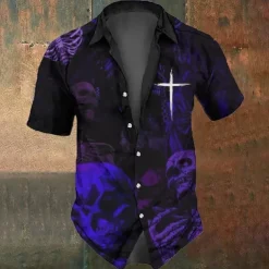 Halloween Men's Cross Halloween Costumes Skulls Shirt Button Up Shirt Short Sleeve Dark Gothic Style Holiday Summer Spring Turndown 3D Print Collared Shirts Black Purple