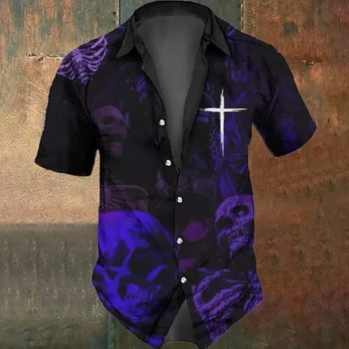 Halloween Men's Cross Halloween Costumes Skulls Shirt Button Up Shirt Short Sleeve Dark Gothic Style Holiday Summer Spring Turndown 3D Print Collared Shirts Black Purple