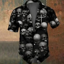 Halloween Men's Cross Halloween Costumes Skulls Shirt Button Up Shirt Short Sleeve Dark Gothic Style Holiday Summer Spring Turndown 3D Print Collared Shirts Black Purple
