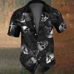 Halloween Men's Cross Halloween Costumes Skulls Shirt Button Up Shirt Short Sleeve Dark Gothic Style Holiday Summer Spring Turndown 3D Print Collared Shirts Black 1 Black
