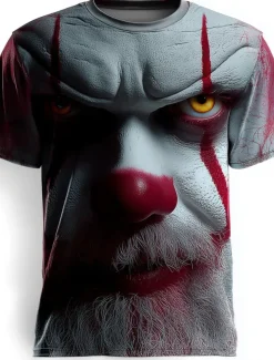 Halloween Men's 3D Clown T Shirt Short Sleeve T shirt 3D Print Crew Neck Shirt Exaggerated Designer Horror Party Street Casual Red Black Gray Gray Summer Spring All Seasons Clothing Apparel S M L XL
