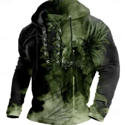 Halloween Men's 3D Print Reaper Sweatshirt Punk Exaggerated Long Sleeve Crew Neck Club Streetwear Lake blue Black Drawstring Fall Winter Designer