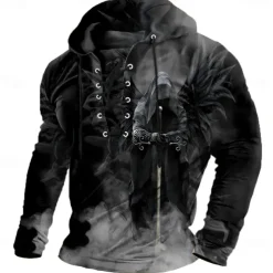 Halloween Men's 3D Print Reaper Sweatshirt Punk Exaggerated Long Sleeve Crew Neck Club Streetwear Lake blue Black Drawstring Fall Winter Designer