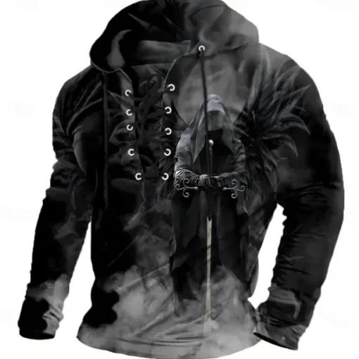 Halloween Men's 3D Print Reaper Sweatshirt Punk Exaggerated Long Sleeve Crew Neck Club Streetwear Lake blue Black Drawstring Fall Winter Designer