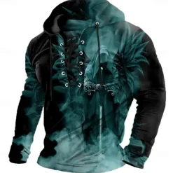 Halloween Men's 3D Print Reaper Sweatshirt Punk Exaggerated Long Sleeve Crew Neck Club Streetwear Lake blue Black Drawstring Fall Winter Designer