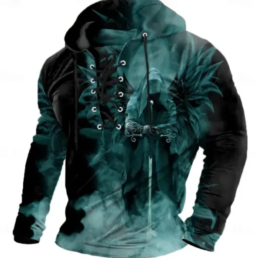 Halloween Men's 3D Print Reaper Sweatshirt Punk Exaggerated Long Sleeve Crew Neck Club Streetwear Lake blue Black Drawstring Fall Winter Designer