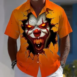 Halloween Men's Devil Clown Halloween Costumes Shirt Summer Shirt Button Up Shirt Short Sleeve Dark Punk Gothic Style Holiday Streetwear Summer Spring Turndown 3D Print Collared Shirts Orange red