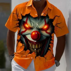 Halloween Men's Devil Clown Halloween Costumes Shirt Summer Shirt Button Up Shirt Short Sleeve Dark Punk Gothic Style Holiday Streetwear Summer Spring Turndown 3D Print Collared Shirts Orange red