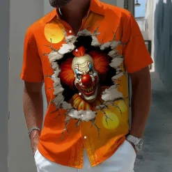 Halloween Men's Devil Clown Ripped Shirt Summer Shirt Button Up Shirt Short Sleeve Dark Punk Gothic Style Holiday Streetwear Summer Spring Turndown 3D Print Collared Shirts Orange red Orange