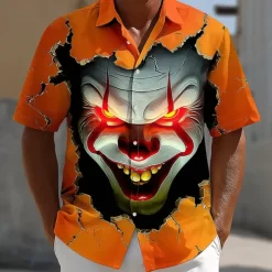 Halloween Men's Devil Clown Ripped Shirt Summer Shirt Button Up Shirt Short Sleeve Dark Punk Gothic Style Holiday Streetwear Summer Spring Turndown 3D Print Collared Shirts Orange red Orange