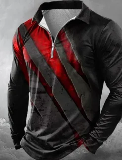 Halloween Men's Graphic Abstract Zip Polo Shirts Long Sleeve Polo Shirts Lapel Casual Horror Dark Outdoor Festival Outfit 3D Print Spring Fall Winter Lake blue Red Blue