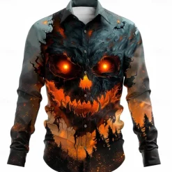 Halloween Men's Grimace Halloween Costumes Shirt Button Up Shirt Long Sleeve Casual Dark Party Evening Wear Fall Winter Spring & Summer Turndown Shirt Collar Button Up 3D Print Orange